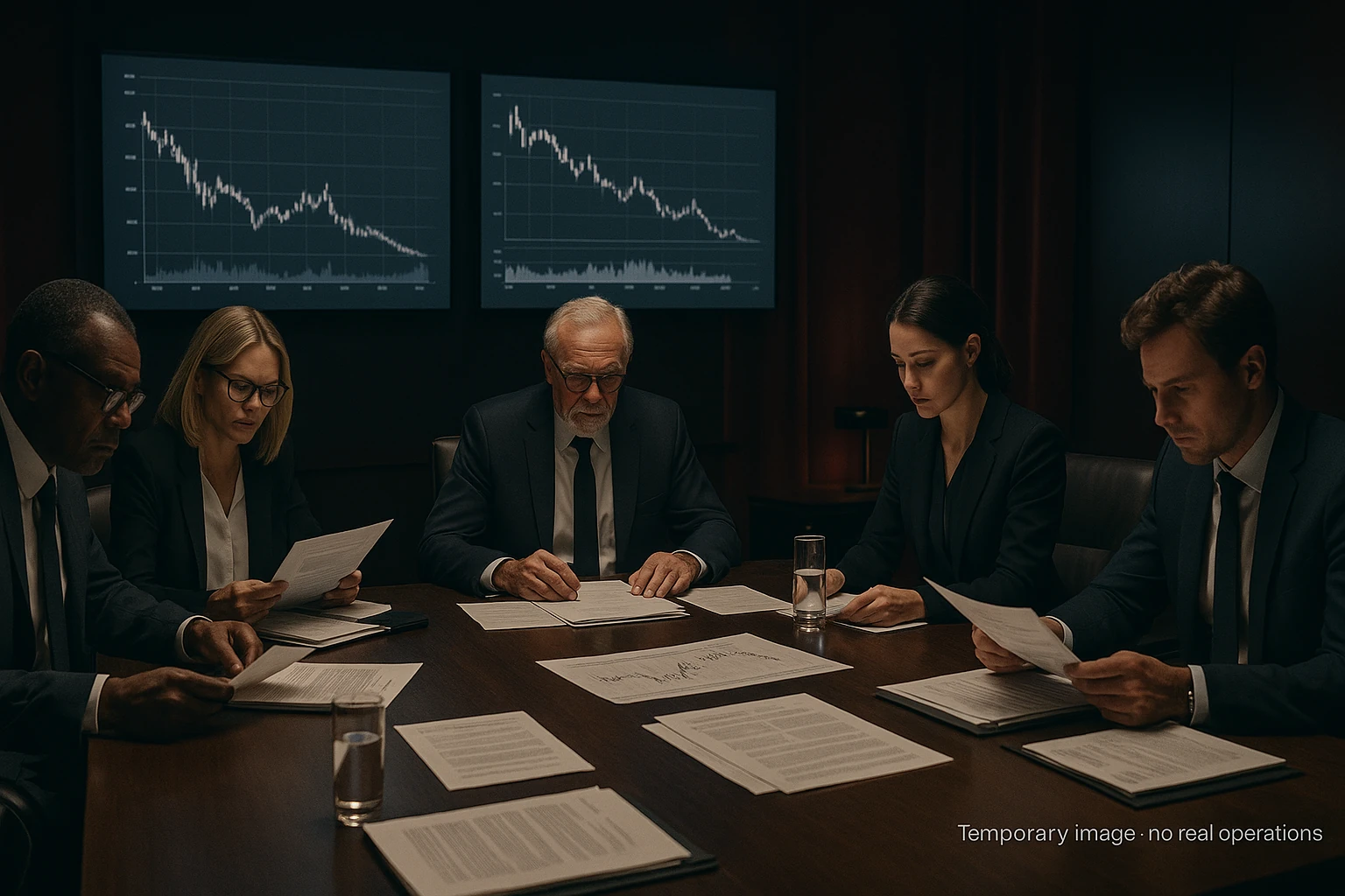 Equipo de reestructuración coordinando planes financieros ante un panel compartido